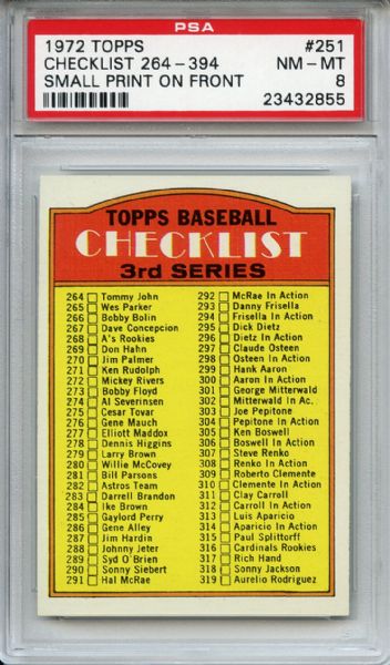 1972 Topps 251 3rd Series Checklist PSA NM-MT 8