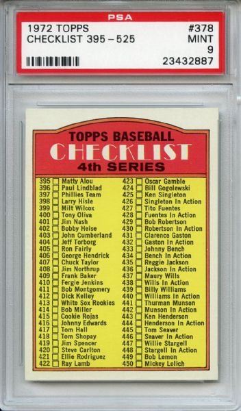 1972 Topps 378 4th Series Checklist PSA MINT 9
