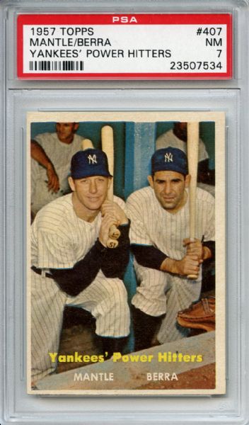 1957 Topps 407 Mickey Mantle Yogi Berra Yankees' Power Hitters PSA NM 7
