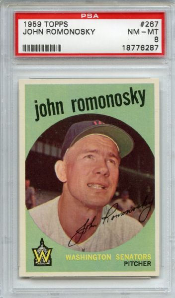 1959 Topps 267 John Romonosky White Back PSA NM-MT 8