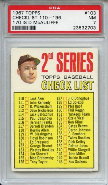 1967 Topps 103 2nd Series Checklist Mickey Mantle PSA NM 7