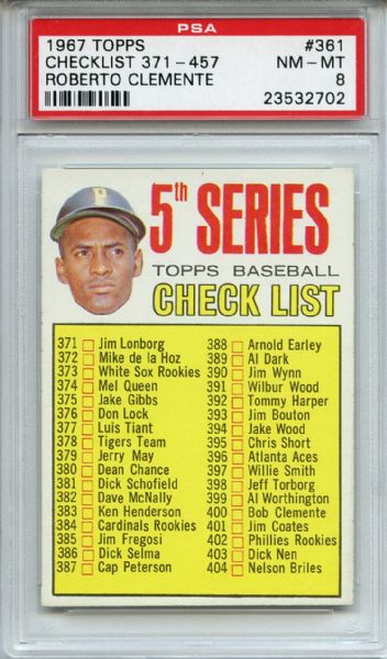 1967 Topps 361 5th Series Checklist Roberto Clemente PSA NM-MT 8