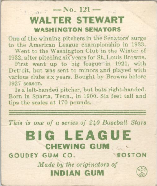 1933 Goudey 121 Walter Stewart RC VG #D254763
