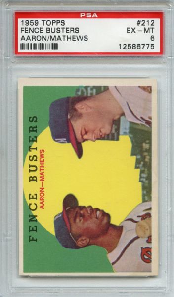 1959 Topps 212 Fence Busters Aaron Mathews White Back PSA EX-MT 6
