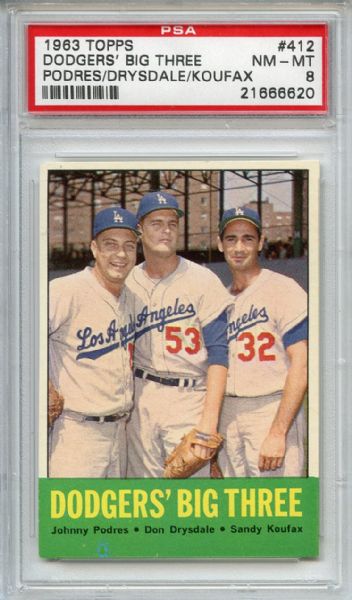 1963 Topps 412 Dodgers Big Three Drysdale Koufax Podres PSA NM-MT 8