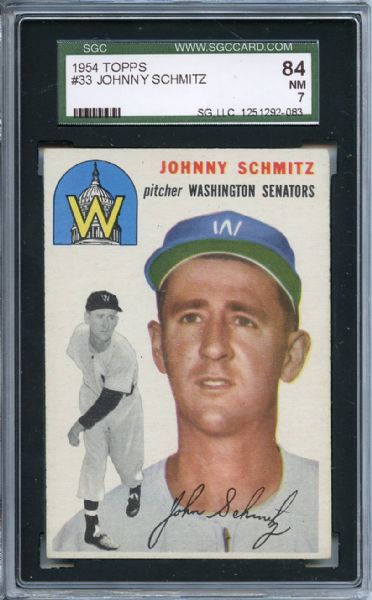 1954 Topps 33 Johnny Schmitz SGC NM 84 / 7