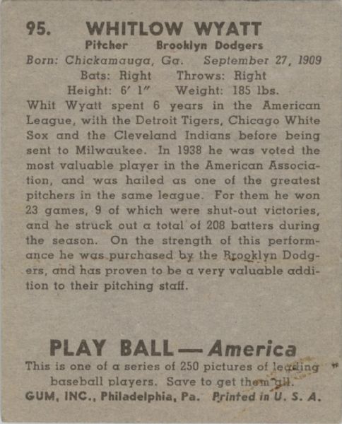 1939 Play Ball 95 Whit Wyatt RC EX #D284071
