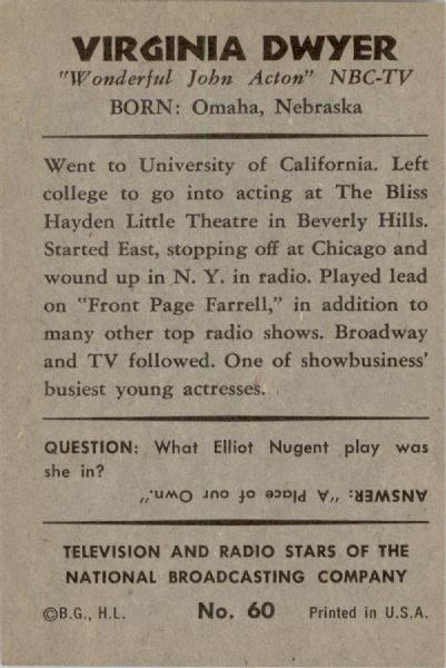 1953 Bowman TV & Radio Stars 60 Virginia Dwyer EX-MT #D291499