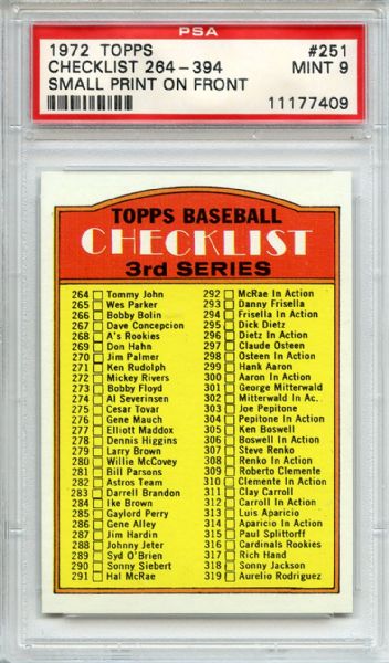 1972 Topps 251 3rd Series Checklist PSA MINT 9