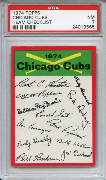 1974 Topps Team Checklist Chicago Cubs PSA NM 7