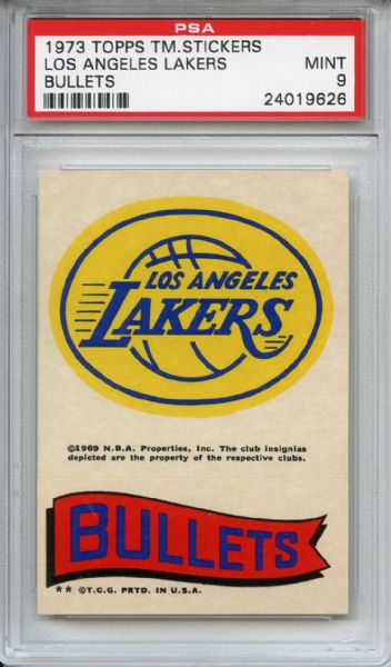 1973 Topps Team Stickers Los Angeles Lakers Bullets PSA MINT 9