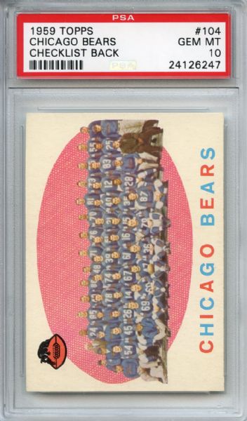 1959 Topps 104 Chicago Bears Team PSA GEM MT 10