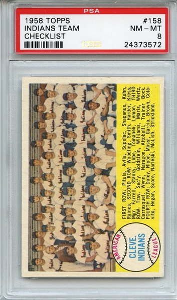1958 Topps 158 Cleveland Indians Team PSA NM-MT 8