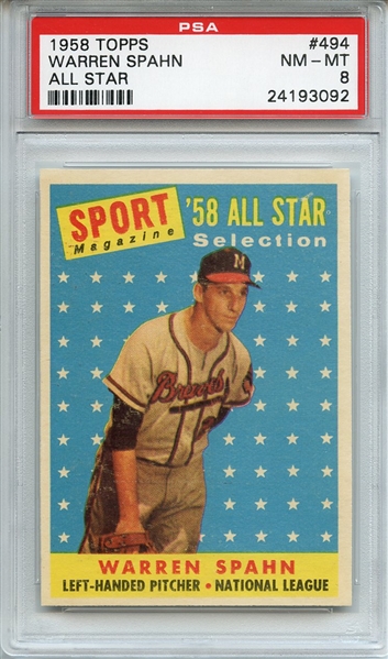 1958 Topps 494 Warren Spahn All Star PSA NM-MT 8