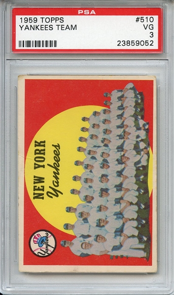 1959 Topps 510 New York Yankees Team PSA VG 3
