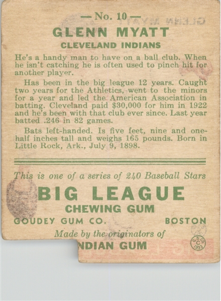 1933 Goudey 10 Glenn Myatt RC POOR #D293927