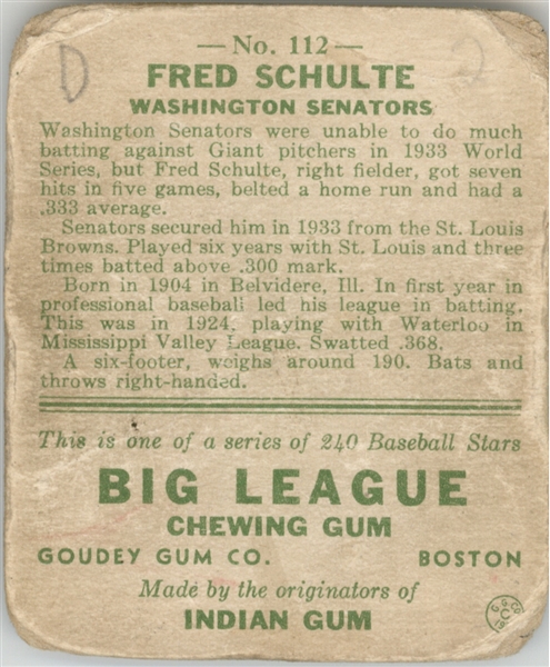 1933 Goudey 112 Fred Schulte RC POOR #D294033