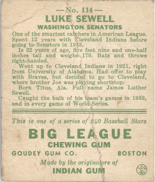 1933 Goudey 114 Luke Sewell FIELD RC POOR #D294037