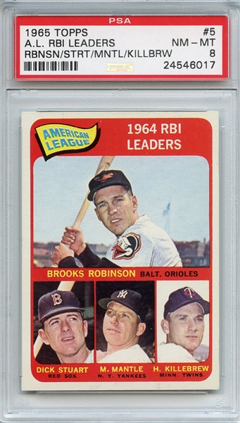 1965 Topps 5 AL RBI Leaders Robinson Mantle Killebrew PSA NM-MT 8