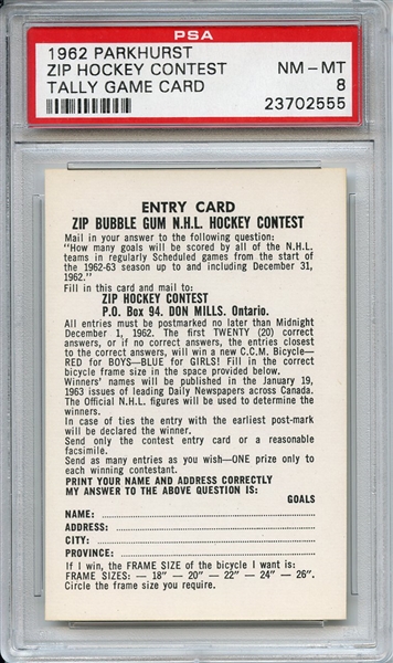 1962 Parkhurst Zip Hockey Contest Tally Game Card PSA NM-MT 8