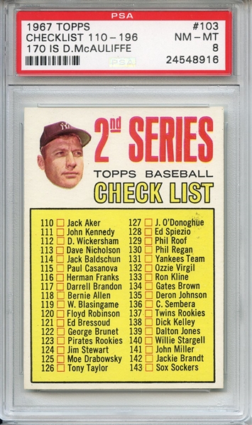 1967 Topps 103 Mickey Mantle Checklist PSA NM-MT 8