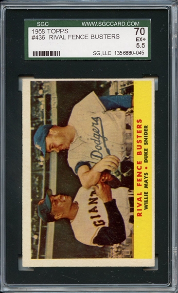 1958 Topps 436 Rival Fence Busters Mays Snider SGC EX+ 70 / 5.5