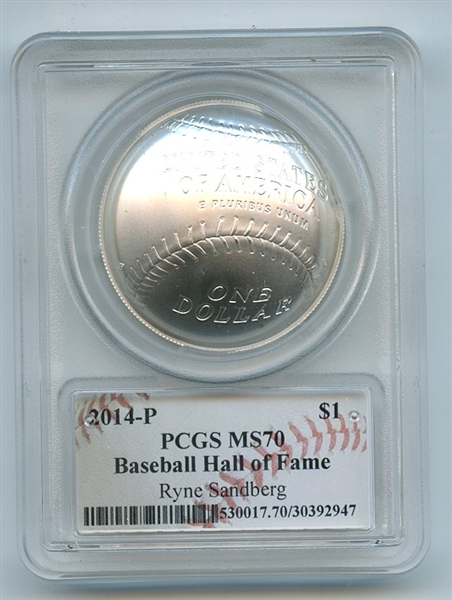 2014 P $1 Baseball HOF Silver Commemorative Signed by Ryne Sandberg PCGS MS70