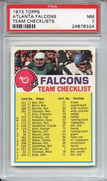 1973 Topps Team Checklists Atlanta Falcons PSA NM 7