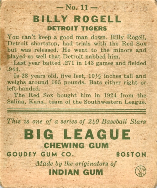 1933 Goudey 11 Billy Rogell RC VG #D359376