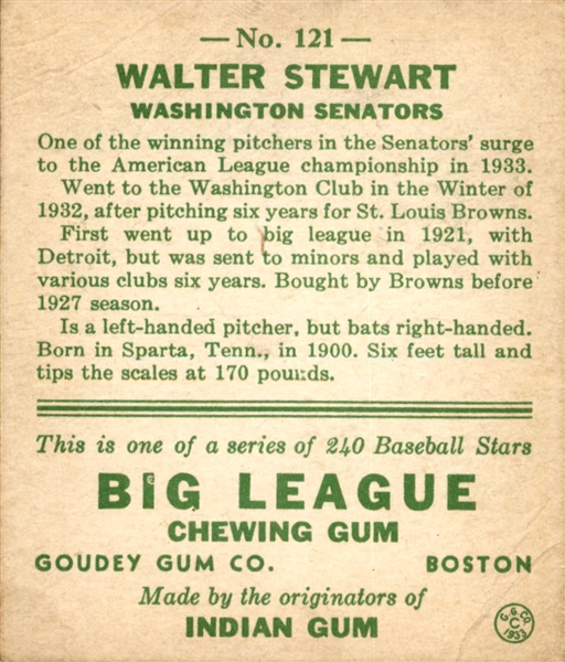 1933 Goudey 121 Walter Stewart RC VG #D359458