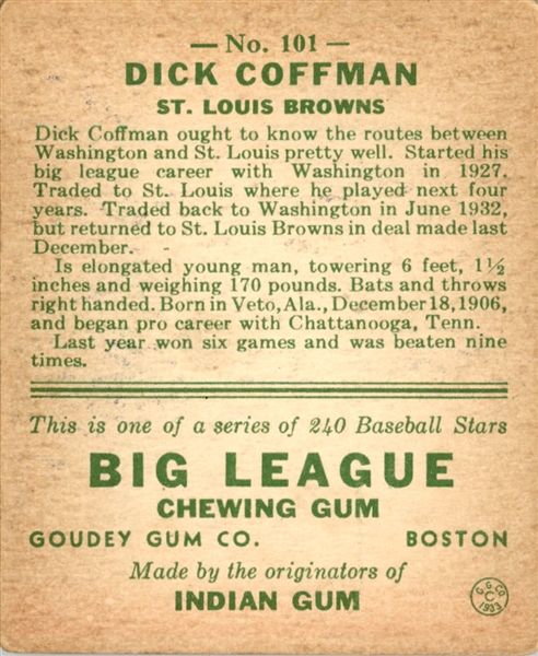 1933 Goudey 101 Richard Coffman RC VG-EX #D362292