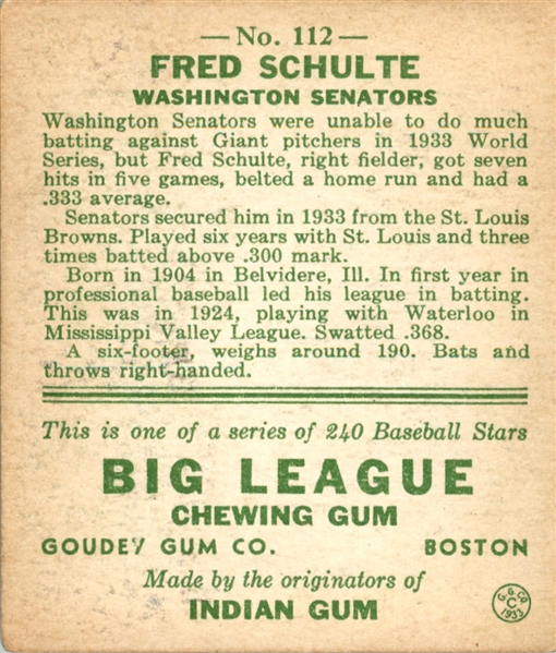 1933 Goudey 112 Fred Schulte RC VG-EX #D362296