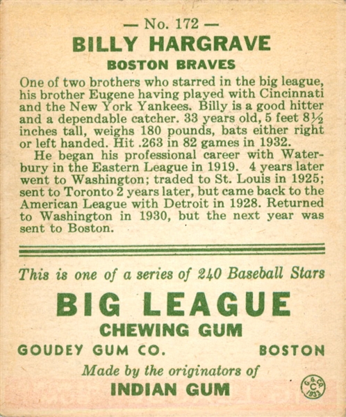 1933 Goudey 172 Billy Hargrave RC VG-EX #D362312