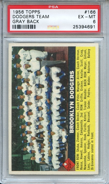 1956 Topps 166 Brooklyn Dodgers Team Gray Back PSA EX-MT 6