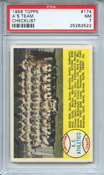 1958 Topps 174 Kansas City Athletics Team PSA NM 7
