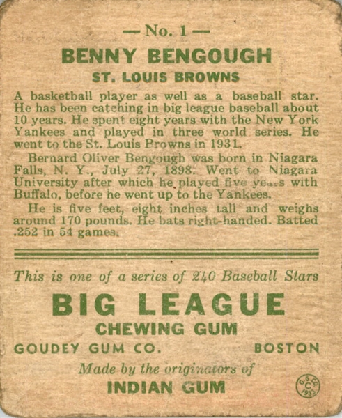 1933 Goudey 1 Benny Bengough RC POOR #D394188