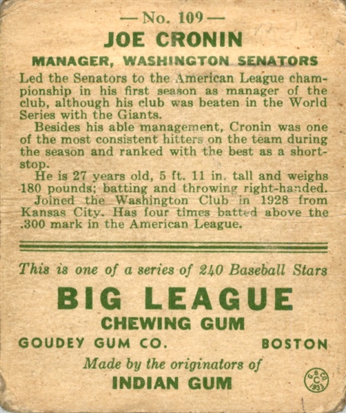 1933 Goudey 109 Joe Cronin RC POOR #D394258