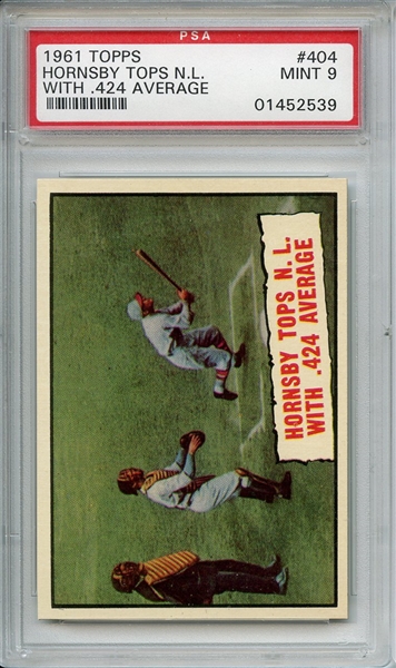 1961 Topps 404 Rogers Hornsby Tops NL with .424 Avg PSA MINT 9