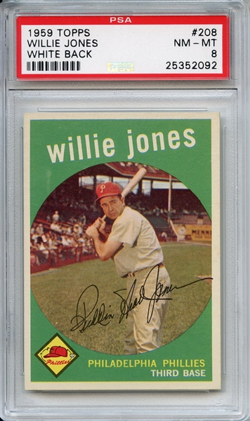1959 Topps 208 Willie Jones White Back PSA NM-MT 8