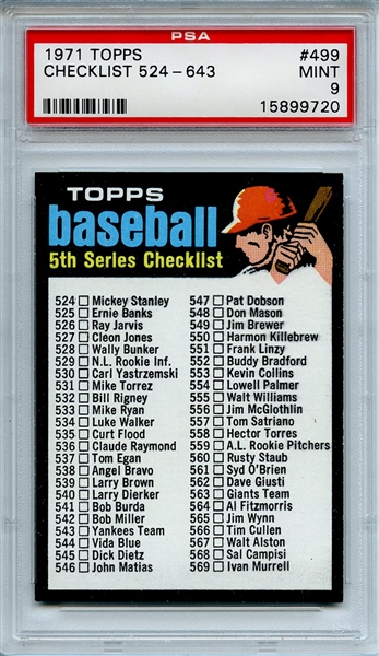 1971 Topps 499 5th Series Checklist PSA MINT 9