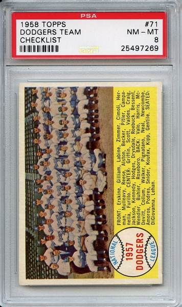 1958 Topps 71 Los Angeles Dodgers Team Checklist PSA NM-MT 8