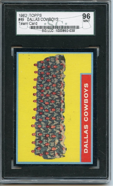 1962 Topps 49 Dallas Cowboys Team Card SGC MINT 96 / 9