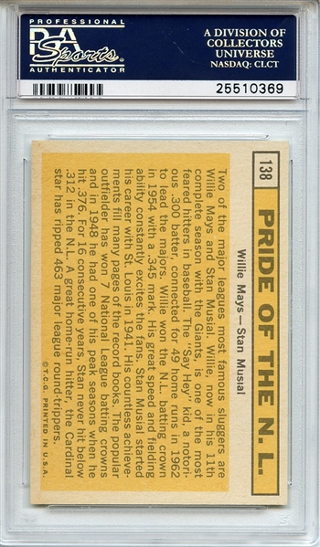 1963 Topps 138 Pride of NL Mays & Musial PSA MINT 9
