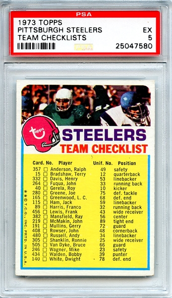 1973 Topps Team Checklists Pittsburgh Steelers PSA EX 5