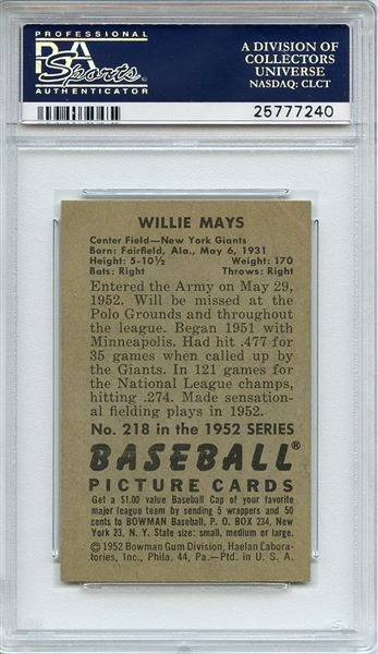 1952 Bowman 218 Willie Mays PSA EX-MT+ 6.5