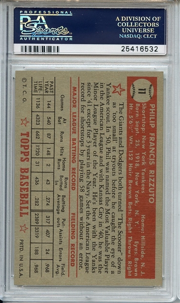 1952 Topps 11 Phil Rizzuto Red Back PSA NM-MT+ 8.5