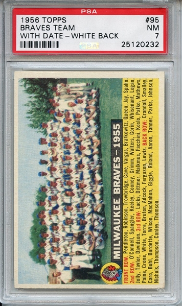 1956 Topps 95 Milwaukee Braves Team w/Date White Back PSA NM 7