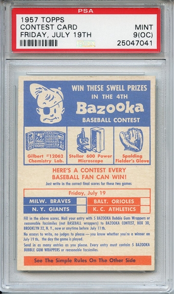 1957 Topps Contest Card Friday July 19th PSA MINT 9 (OC)