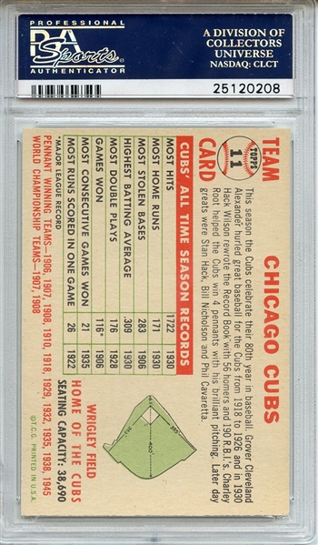 1956 Topps 11 Chicago Cubs Team w/Date White Back PSA NM-MT 8