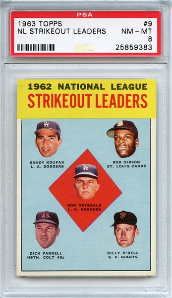 1963 Topps 9 NL Strikeout Leaders Koufax Drysdale Gibson PSA NM-MT 8